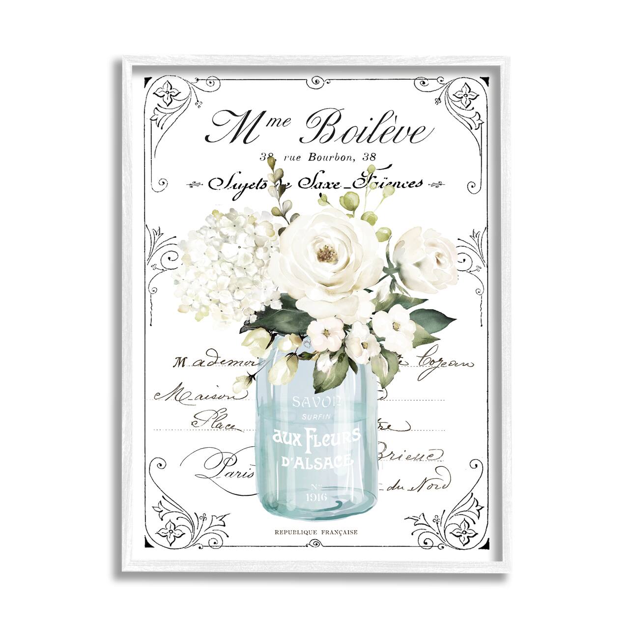 Stupell Industries Vintage Parisian Floral Bouquet White Farmhouse Flowers Framed Wall Art